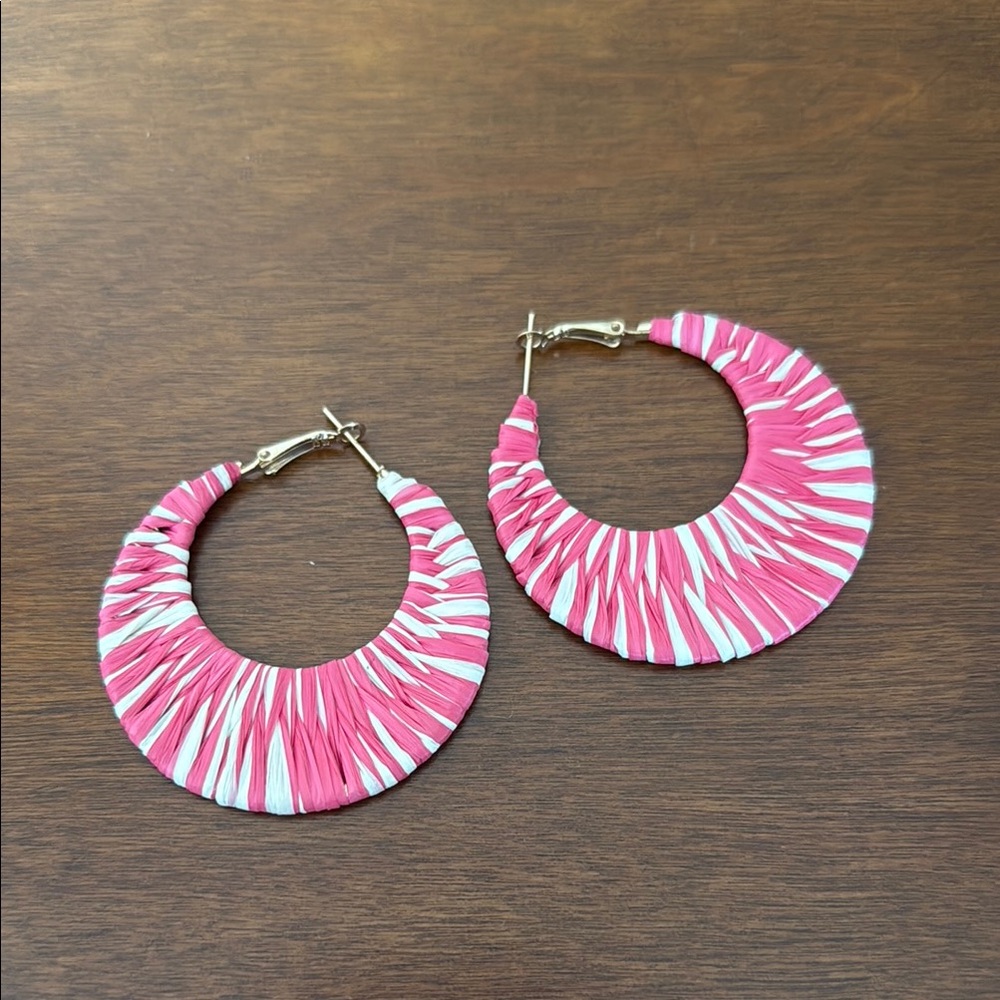 Pink and White Raffia Large Hoop Earrings